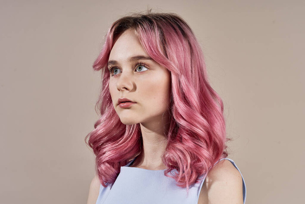 beautiful woman pink hair decoration summer style fashion - Photo, image