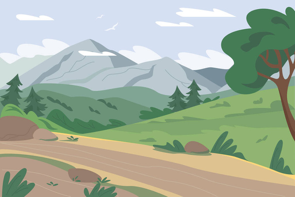 Los prados exuberantes verdes con las montañas y el camino. Ilustración vectorial en estilo plano - Vector, imagen