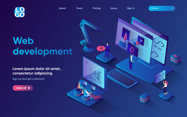 Web development concept isometric landing page. Team develops and optimizes layout of site, works with code of webpage, 3d web banner template. Vector illustration with people scene in flat design - Vector, Image