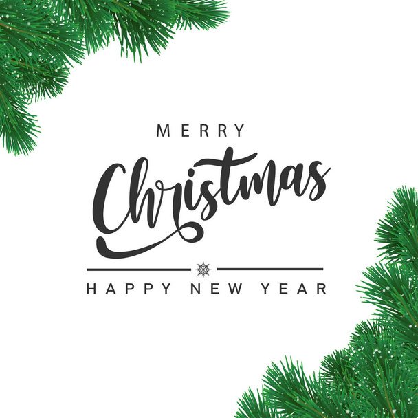 Christmas and Happy New Year tree branches border with handwriting lettering. Vector - Vector, Image