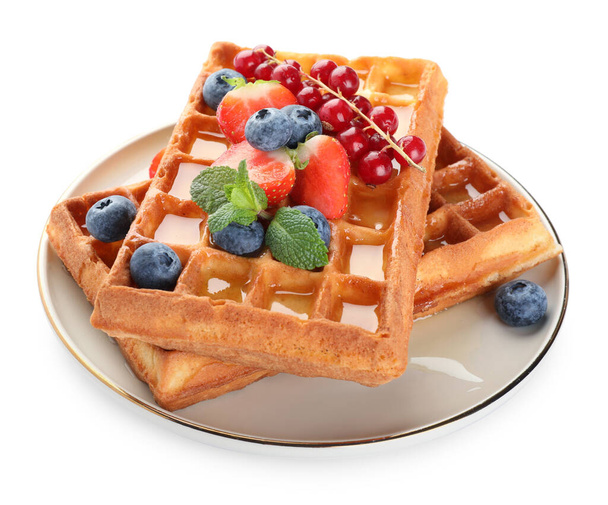 Delicious Belgian waffles with berries on white background - Foto, imagen