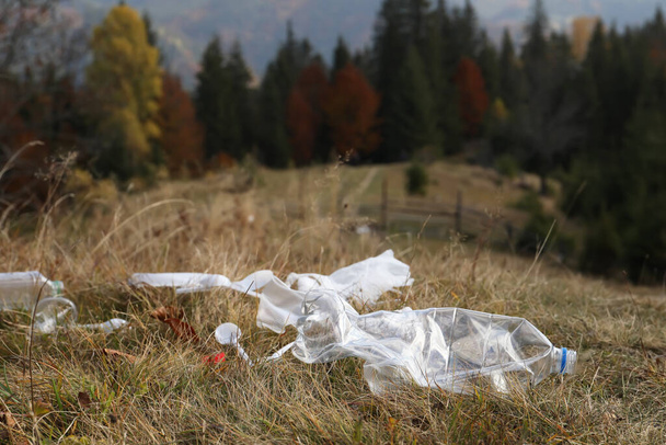 Plastic garbage scattered on grass near forest. Space for text - Valokuva, kuva