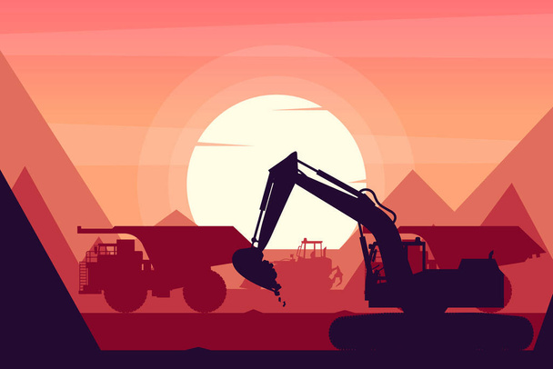 日没の背景を持つ鉱山でクローラーローダー、採掘トラックや掘削機と重機 - ベクター画像