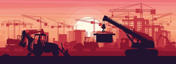 Panoramic view of heavy machinery of backhoe, soil compactor, wheel excavator, concrete truck, hammer excavator and telescopic crane for building construction - Vector, Image