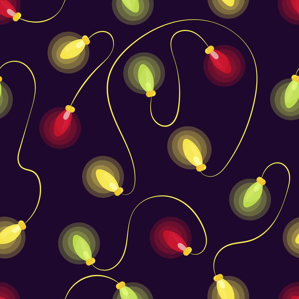 gloeiende slinger, rood groen en geel licht, vector naadloos patroon in vlakke stijl op blauwe achtergrond, nieuwjaar en kerst - Vector, afbeelding