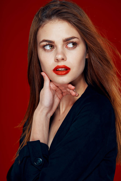 pretty woman with red lips red hair Glamor posing red background - Φωτογραφία, εικόνα