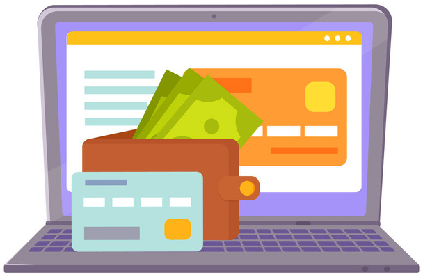 Service payment with computer or banknotes. Shopping, banking, accounting. Online banking concept - Vector, Imagen