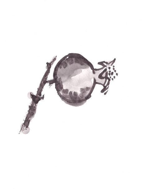 Fruta de granada en una rama monocromo blanco y negro estilo chino dibujo de tinta, espacio de copia - Foto, imagen