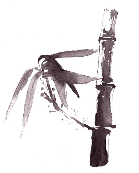 Troncos de bambú y hojas monocromáticas en blanco y negro dibujo de tinta de estilo chino, espacio de copia - Foto, Imagen
