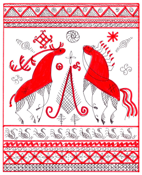 Tradycyjne ludowe rosyjskie malarstwo Mezen w kolorze czerwonym i czarnym - Zdjęcie, obraz