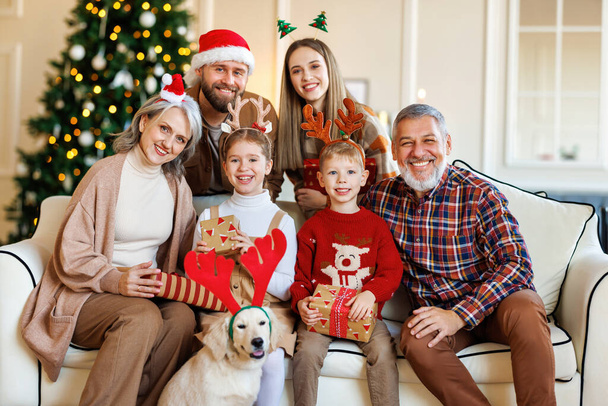 Feliz hermosa familia grande con perro labrador retriever sentado en el sofá cerca del árbol de Navidad decorado - Foto, imagen