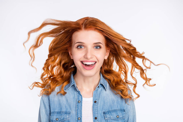 Photo of amazed, excited young woman smile good mood fly hair sale news isolated on grey color background - Photo, image