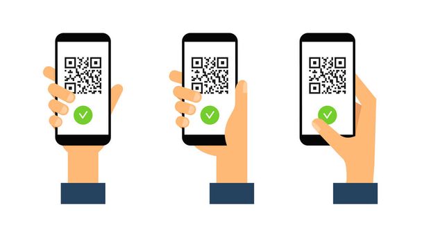 Hands hold smartphone with vaccine passport. Green immunity certificate. Health passport on digital screen with qr code. Flat style. Vector illustration - Vector, Image