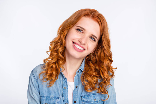 Photo of young attractive girl happy positive toothy smile pretty lovely wavy red hair isolated over grey color background - Φωτογραφία, εικόνα