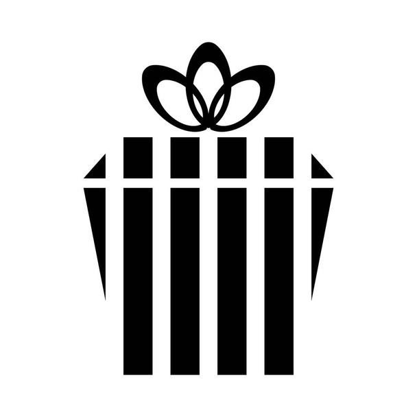 Подарунок у коробці з чорними смугами з бантом на білому тлі у формі трапеції. Сучасна святкова ікона
.  - Фото, зображення