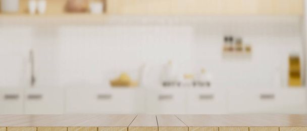 Kopieer ruimte op houten tafelblad of eettafel voor het monteren van uw product display op wazig keukenoppervlak op de achtergrond. 3d weergave, 3d illustratie - Foto, afbeelding