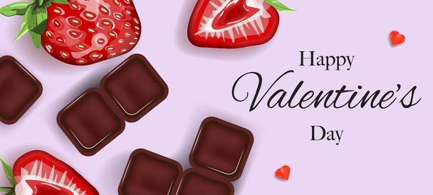 Gelukkige Valentijnsdag spandoek met chocolade, aardbeien en hartjes op pastelpaarse achtergrond. Sjabloon voor banner, kaarten, uitnodiging, advertenties, achtergrond. Vectorachtergrond.  - Vector, afbeelding