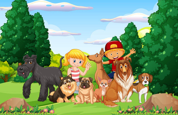 Parkszene mit Kindern, die mit Hunden spielen Illustration - Vektor, Bild