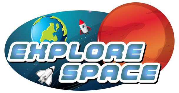 Explora Space word logo design con ilustración del planeta - Vector, Imagen