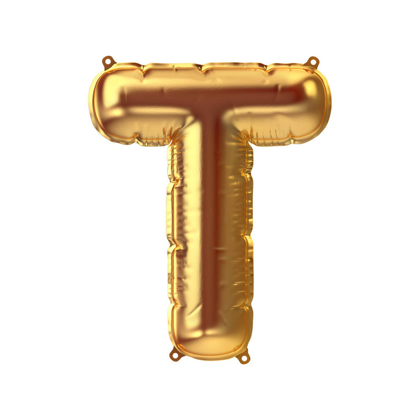 3D Render of Golden aufblasbare Folie Luftballon Buchstabe T. Party Dekorationselement - Foto, Bild