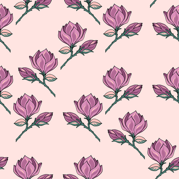 Magnolia branch seamless pattern with flower and bud, vector drawing in purple and pink by hand with black outline. Vector illustration for festive design, card, packaging, wallpaper, fabric, textile, stationery, accessories. - Вектор, зображення
