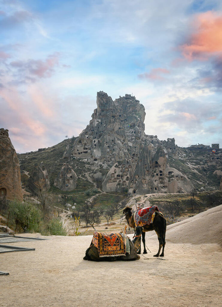 Zamek Uchisar, miasto w Kapadocji, Turcja, niedaleko Goreme. Krajobraz Kapadocji i dolina ze starożytną formacją skalną i jaskiniami. - Zdjęcie, obraz