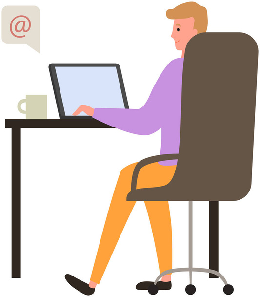 Man sitting at workplace is using laptop for social networking, meeting website, surfing Internet - Vector, Imagen