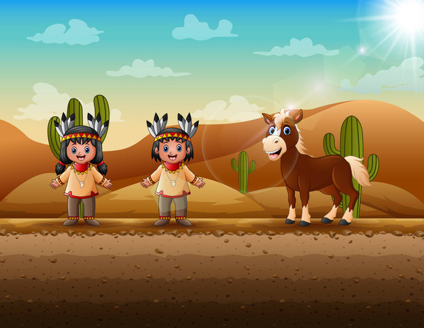 Мультфильм индейской девочки и мальчика в пустыне - Вектор,изображение