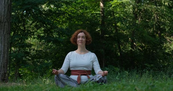 Female practicing qigong and meditation in summer park or forest - Fotó, kép