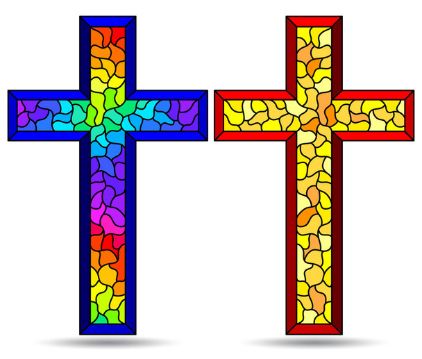 白い背景にキリスト教徒の十字架のセットとステンドグラスのスタイルのイラスト。 - ベクター画像