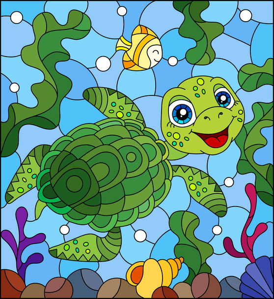 Illustration in the style of stained glass with bright cartoon turtle on the background of the sea floor, fish and water - Vektor, kép