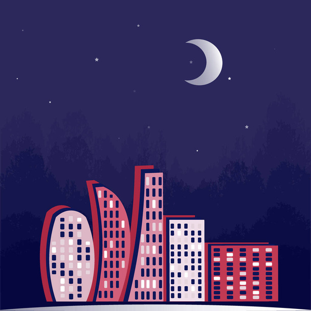 Illustration on a square background - Lights of the night city, a magical city starry night. Mysticism. Surreal. Design element for the design of books, notebooks, postcards, interior items. Magic, other planets, parallel reality, the other world - Vettoriali, immagini