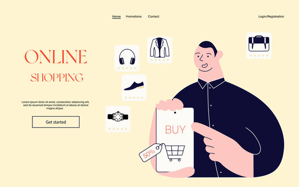 Online nákupní proces. Mladý muž kupující zboží v internetovém obchodě - Vektor, obrázek