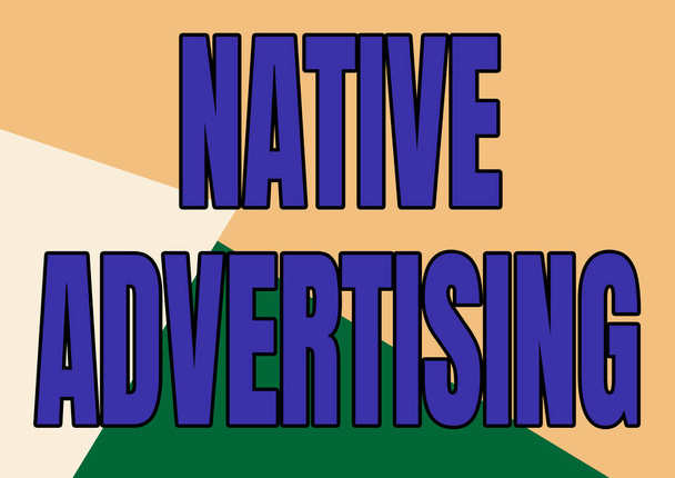 Käsitteellinen näyttö Native Mainonta. Liiketoiminta käsite verkossa maksettu mainokset vastaavat lomakkeen funktio verkkosivun linja kuvitettu taustat eri muotoja ja värejä. - Valokuva, kuva