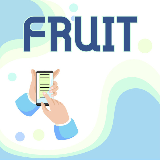 Käsin kirjoitettu merkki Fruit. Liiketoiminta lähestymistapa makea ja mehevä tuote puun tai muun kasvin, joka sisältää siemeniä Tiivistelmä Viesti Online, Global Connectivity Käsitteet - Valokuva, kuva
