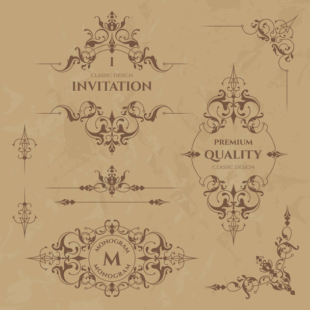 Set of decorative  borders, frames, corners and monograms. Template signage, logos, labels, stickers, cards. Graphic design page. Floral borders. Classic design elements for wedding invitations. - Wektor, obraz