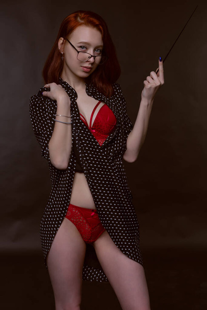 Sexy gorgeous girl posing in an unbuttoned dress and beautiful red underwear, photo on a dark background - Zdjęcie, obraz