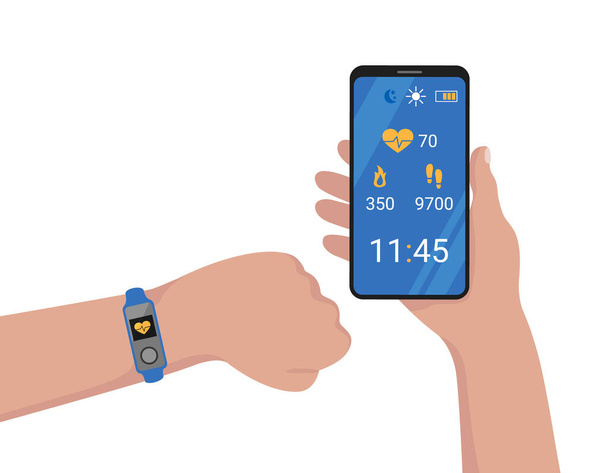 Bransoletka fitness podłączona do telefonu komórkowego. Smartband na rękę i aplikacji smartfona pokazujące wskaźniki pulsu, kroków i kalorii na wyświetlaczu. Wektor płaskie pojedyncze ilustracja - Wektor, obraz
