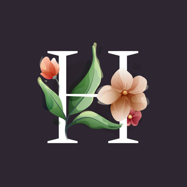 H letter logo in aquarelstijl met bloemen en bladeren. Kruiden zoals pioenrozen, kamille en knoppen. Perfect voor bruiloft uitnodigingen, vintage arrangementen en klassieke decoratie. - Vector, afbeelding