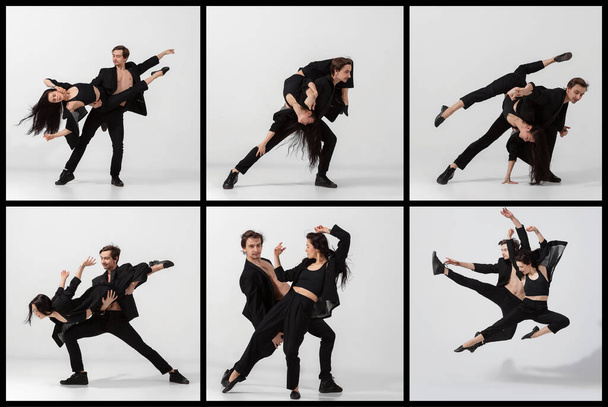 Relationship, drama, love. Collage of portraits of male and female ballet dancers dancing isolated on white background. - Fotó, kép