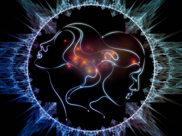Linhas de Unidade série. Interação de perfis humanos surreais e formas fractais sobre o tema do amor, paixão, atração romântica e unidade - Foto, Imagem