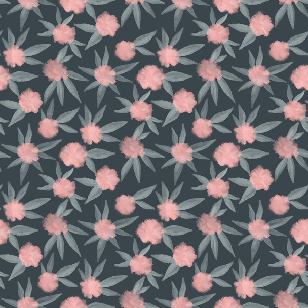 Pastel pink flowers. Floral seamless pattern on a gray-green background. Abstract plants. Illustration for fabrics, prints, covers. - Fotoğraf, Görsel