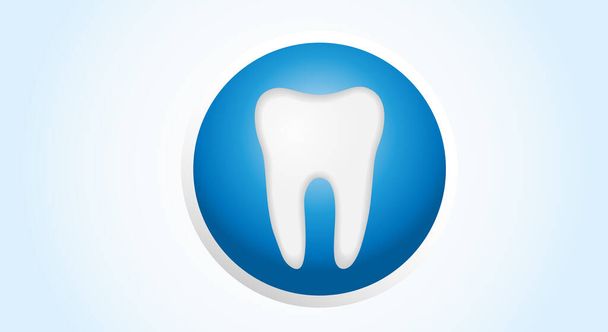 Healthy human molar. Flat design. Badge, White tooth, on a blue round background. Teeth hygiene, prosthetics and whitening concept. Copy space. Vector illustration - Vector, Image