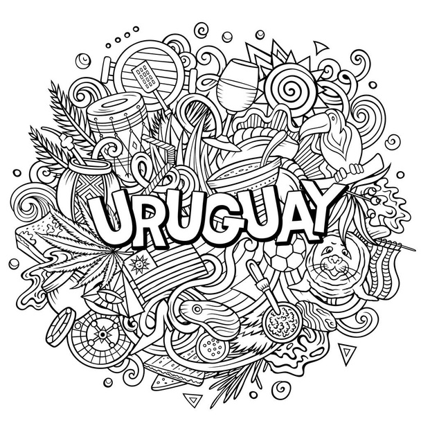 Uruguay dibujado a mano ilustración garabato de dibujos animados. Diseño local divertido. Fondo raster creativo. Texto manuscrito con elementos y objetos latinoamericanos. - Foto, imagen