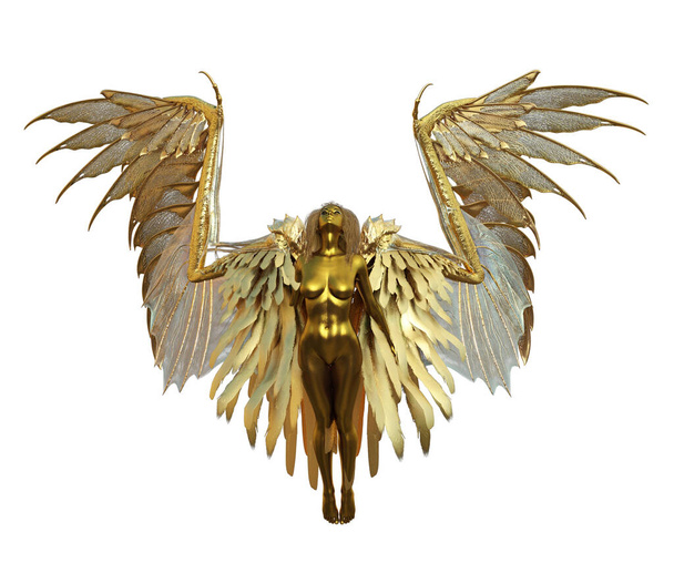 Golden alado androide hembra ángel vista frontal - Foto, imagen