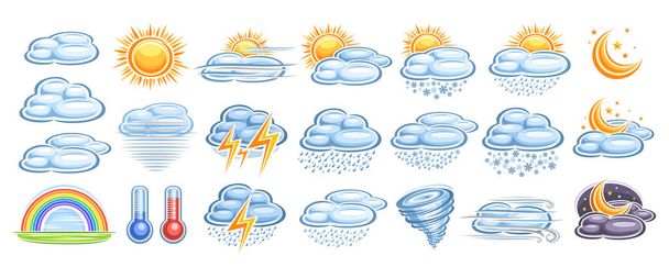Векторный набор погодных икон, множество разнообразных вырезанных иллюстраций природных погодных концепций, горизонтальный баннер с разнообразными изолированными иконами рисунка метеорологии на белом фоне - Вектор,изображение