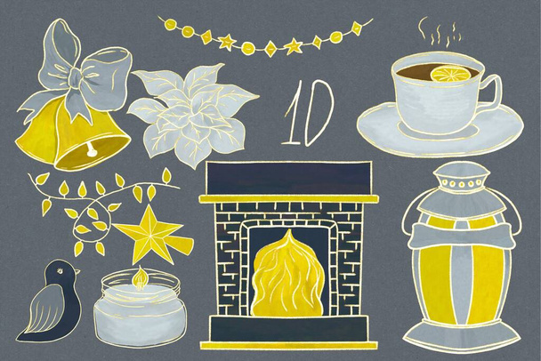 Новорічні, зимові ілюстрації, камін, свічка, птах, чай з лимоном, дзвони
 - Фото, зображення