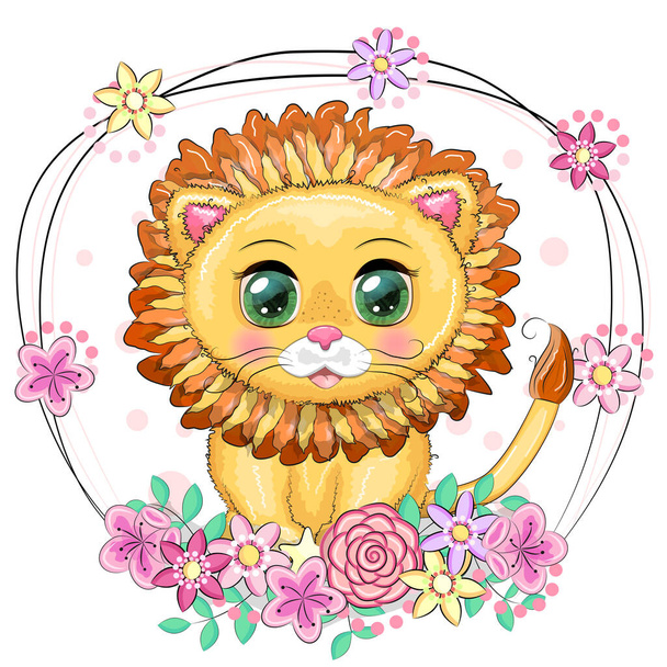 Cartoon lion with expressive eyes with flowers. Wild animals, character, childish cute style - ベクター画像