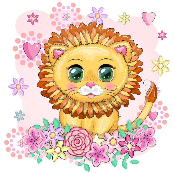 Cartoon lion with expressive eyes with flowers. Wild animals, character, childish cute style - Vektör, Görsel