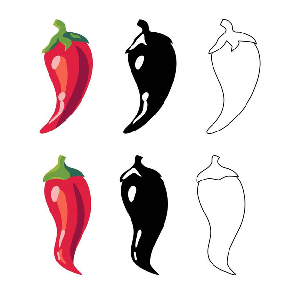 Closeup chilly peppers icons. Red hot chilli pepper, black and outline. Cartoon mexican chilli or chillies illustration. Mexican or asian cuisine signs isolated on white background. - Vector, Image